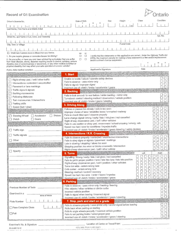 G2 Test Examination Sheet